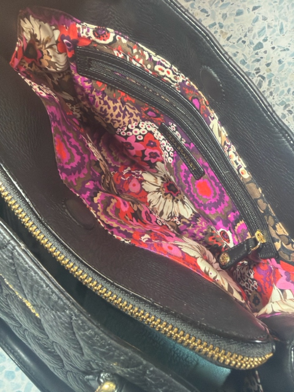 Vera Bradley Black Quilted Satchel with Floral Lining - Picture 8 of 11